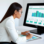 A focused professional woman in a modest business casual suit, fully clothed, working calmly at a sleek, minimalist desk in a bright, contemporary home office. She interacts with a large, translucent tablet displaying dynamic financial charts and abstract data visualizations, representing personalized investment insights from a robo-advisor. The setting emphasizes modern technology and efficient wealth management. The scene is well-lit with soft, diffused natural light. Safe for work, appropriate content, perfect anatomy, correct proportions, natural pose, well-formed hands, proper finger count, natural body proportions, professional photography, high quality, family-friendly.