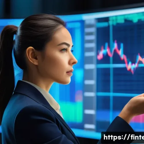 Home 11 주식 투자 분석 도구 - A woman in her early 30s, dressed in smart business casual attire, stands confidently in a dynamic, ...